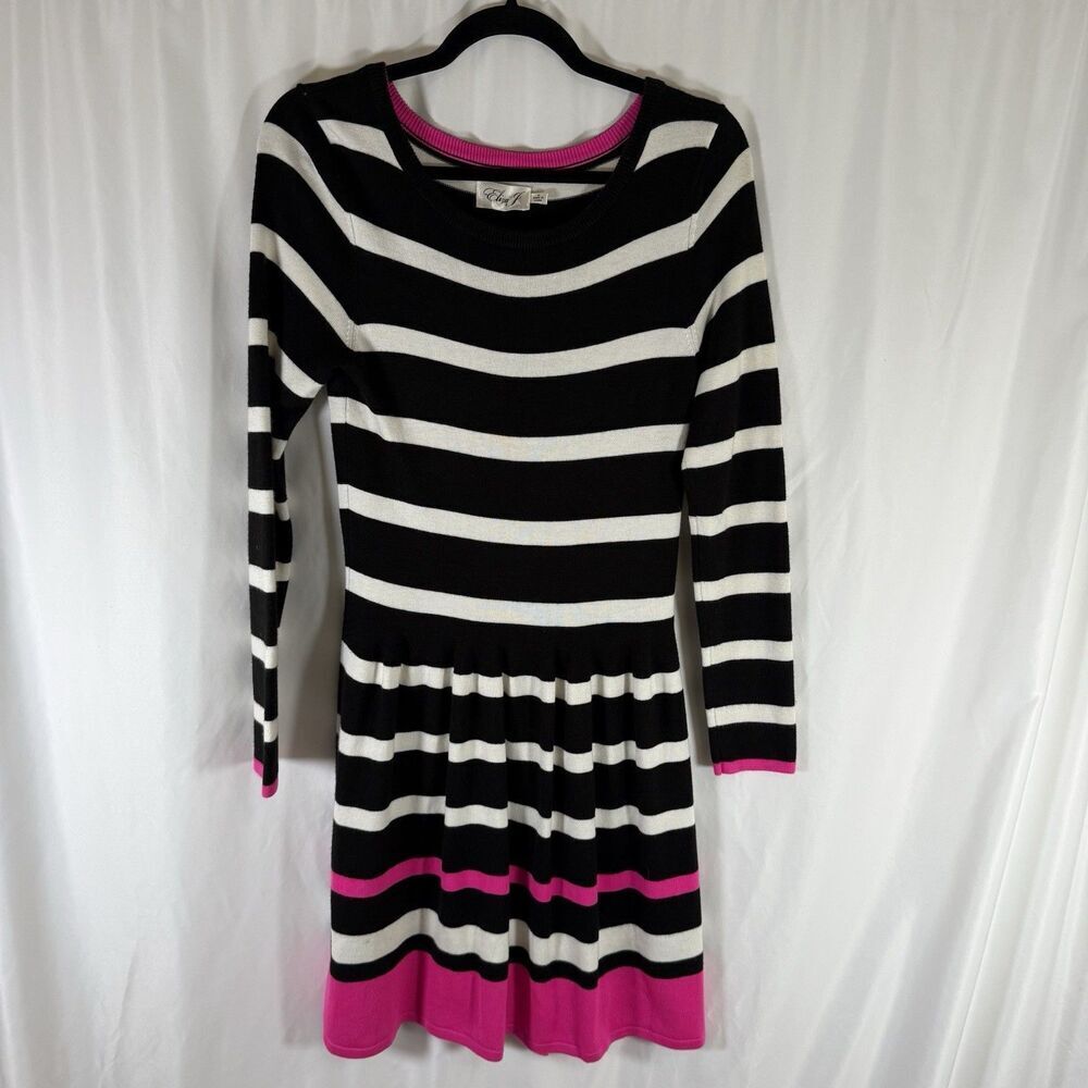 Eliza J Sweater Dress Women's Medium Black White Striped Round Neck Long Sleeve